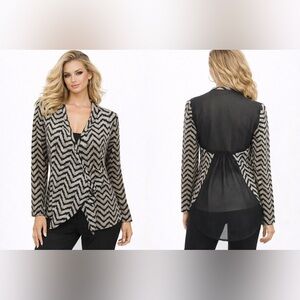 Spoiled Women’s Blazer Size L Black Gray Chevron Sheer Back Open Front